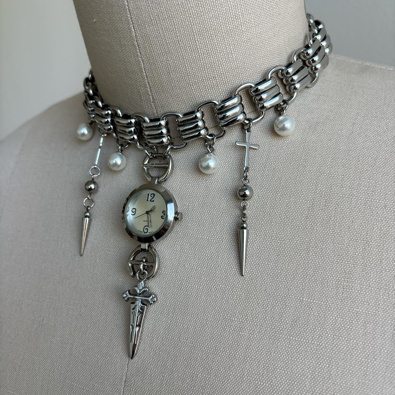 Reworked Gothic Quartz Watch Choker Necklace