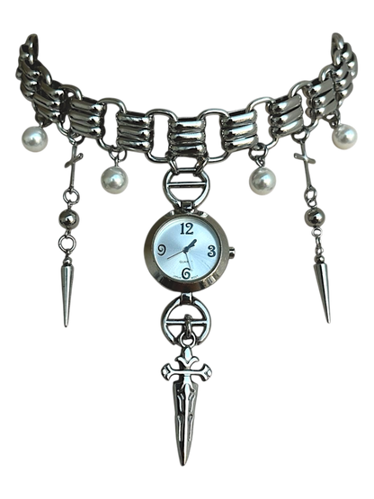 Reworked Gothic Quartz Watch Choker Necklace