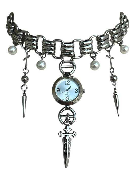 Reworked Gothic Quartz Watch Choker Necklace