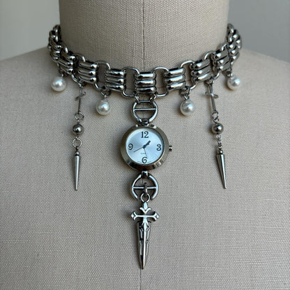 Reworked Gothic Quartz Watch Choker Necklace