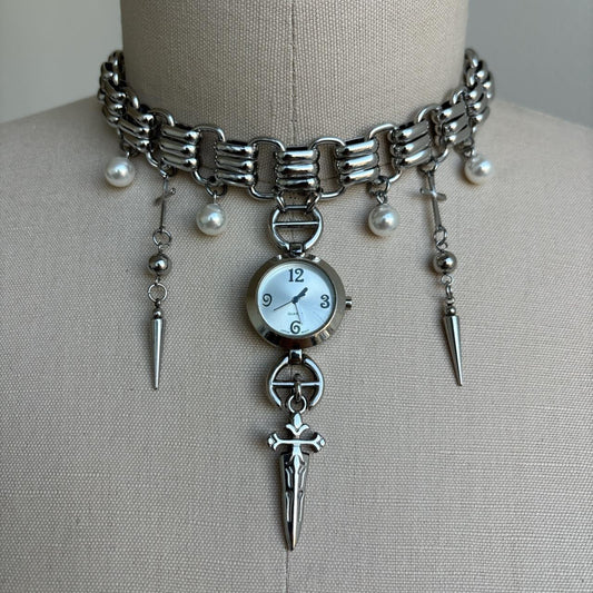 Reworked Gothic Quartz Watch Choker Necklace