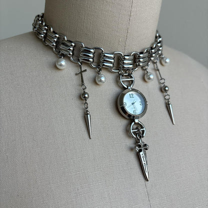 Reworked Gothic Quartz Watch Choker Necklace